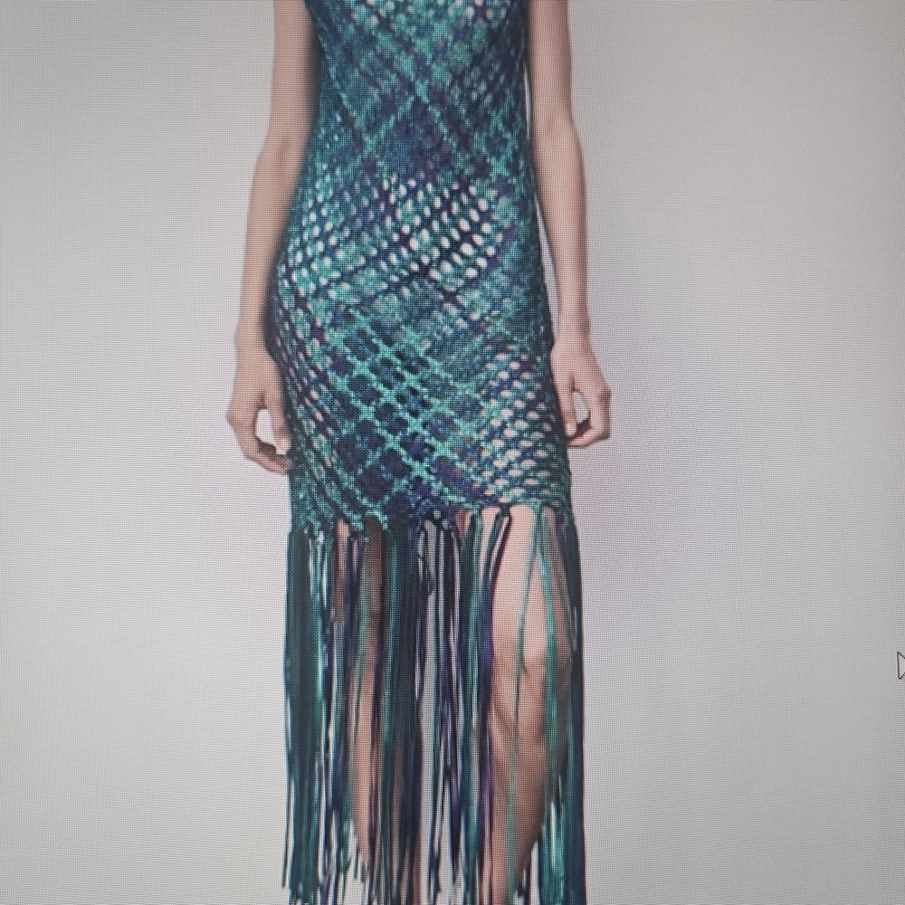 Zara Teal & Navy Crochet Fringe Midi Dress